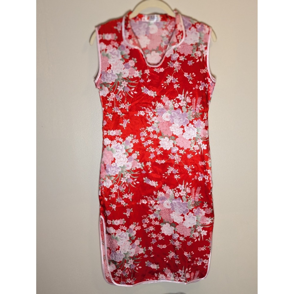 Laogudai Floral red Cheongsam Qipao Dress Sleeveless Side Slit Size 18 silk